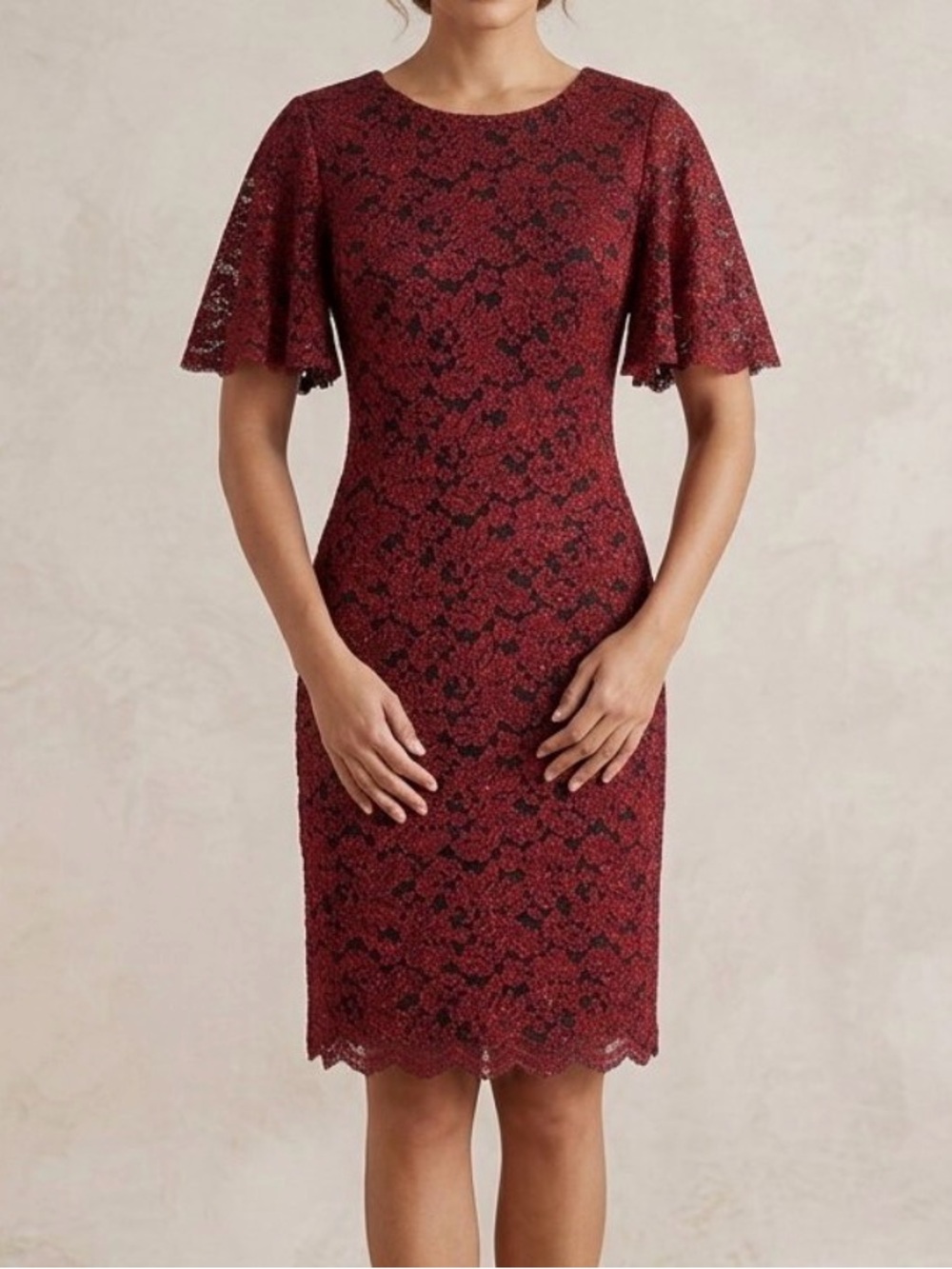 Jessica Howard Burgundy Lace Sheath Dress with Flutter Sleeves